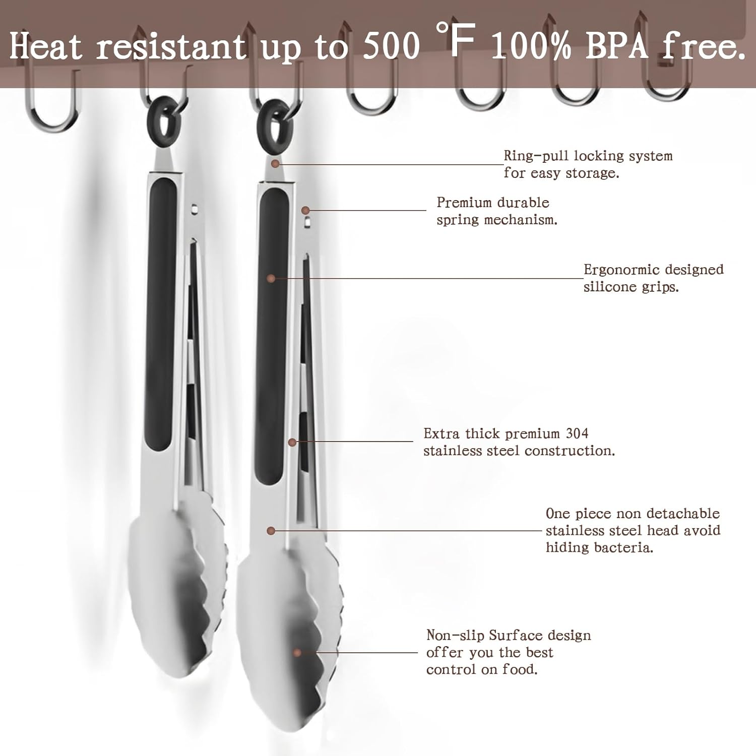 2 Pack Kitchen Tongs, 9" and 12" Stainless Steel Cooking Tongs, Non-Slip Heat Resistant Handle Heavy Duty Food Locking Tongs