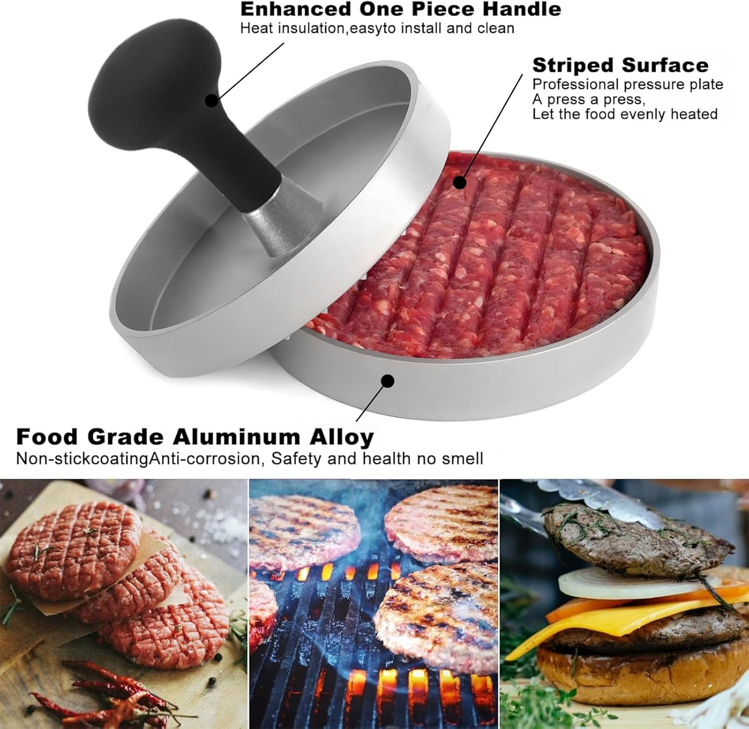 Hamburger Press Patty Maker, 4.6 in Food Grade Aluminum Burger Press, Non-Stick, with 100 Pcs Wax Paper, for Grilling and Cooking