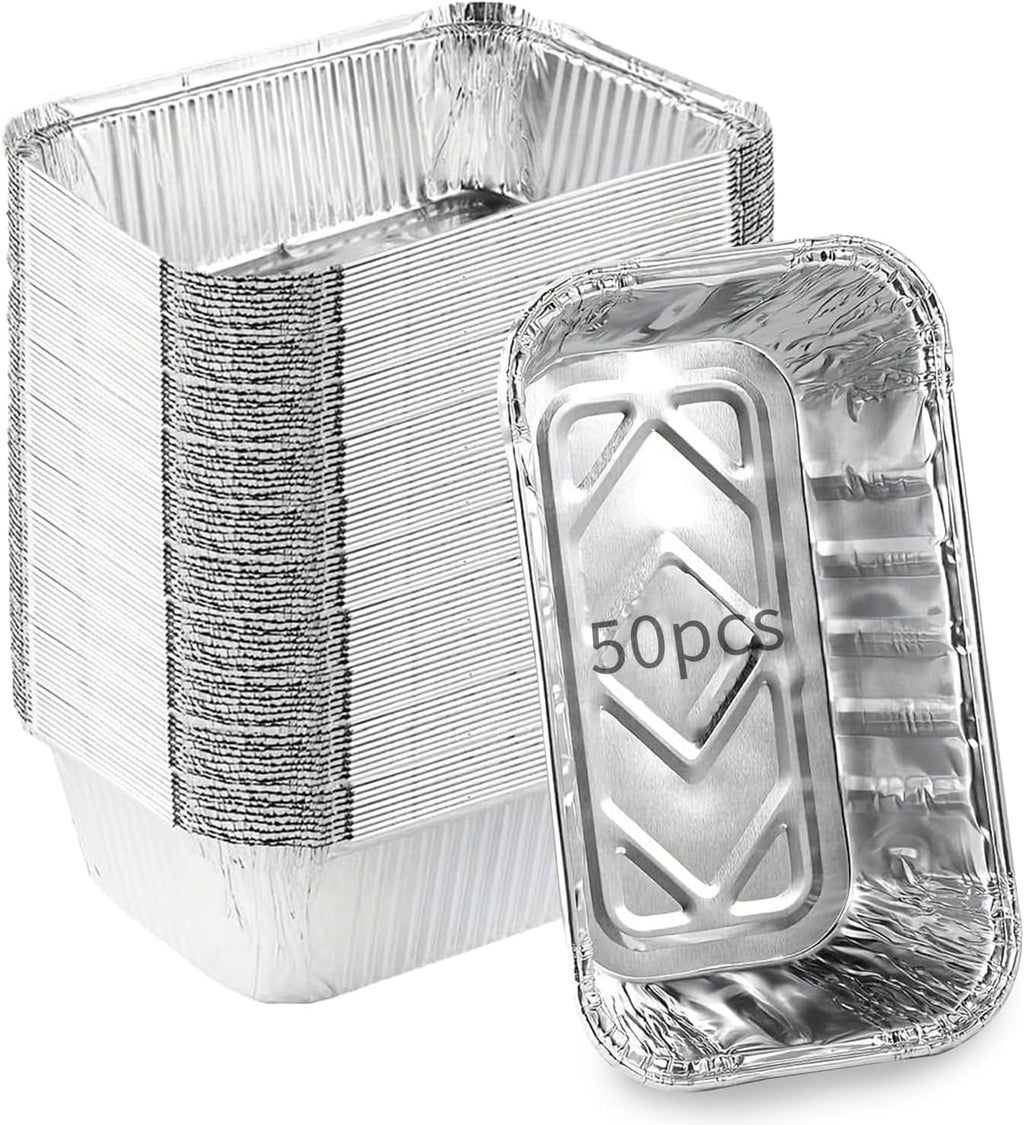 Aluminum Pans Drip Pans (50 Pack, 8"×3.7"), Disposable Tin Foil Pans Foil Food Containers, Grease Drip Pan Liners Grill Grease Tray for Baking, Cooking, Heating, Food Prepping, Freezer, Takeout