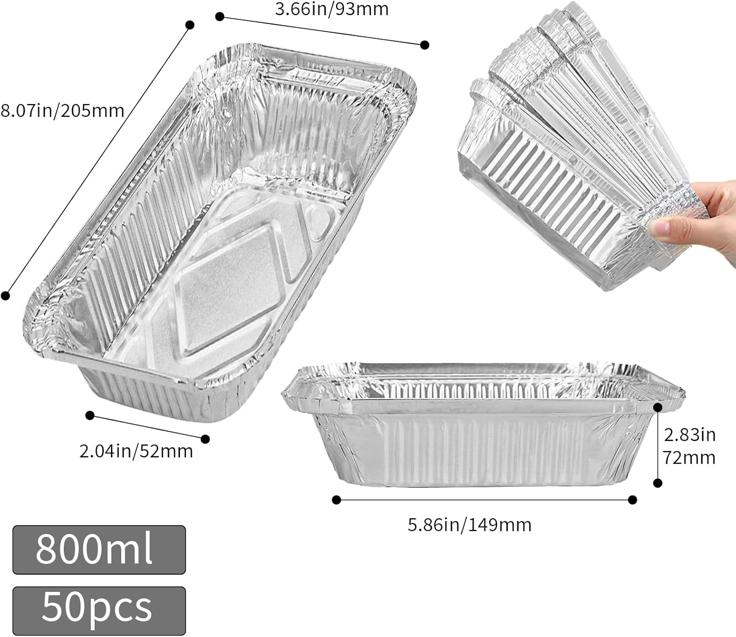 Aluminum Pans Drip Pans (50 Pack, 8"×3.7"), Disposable Tin Foil Pans Foil Food Containers, Grease Drip Pan Liners Grill Grease Tray for Baking, Cooking, Heating, Food Prepping, Freezer, Takeout