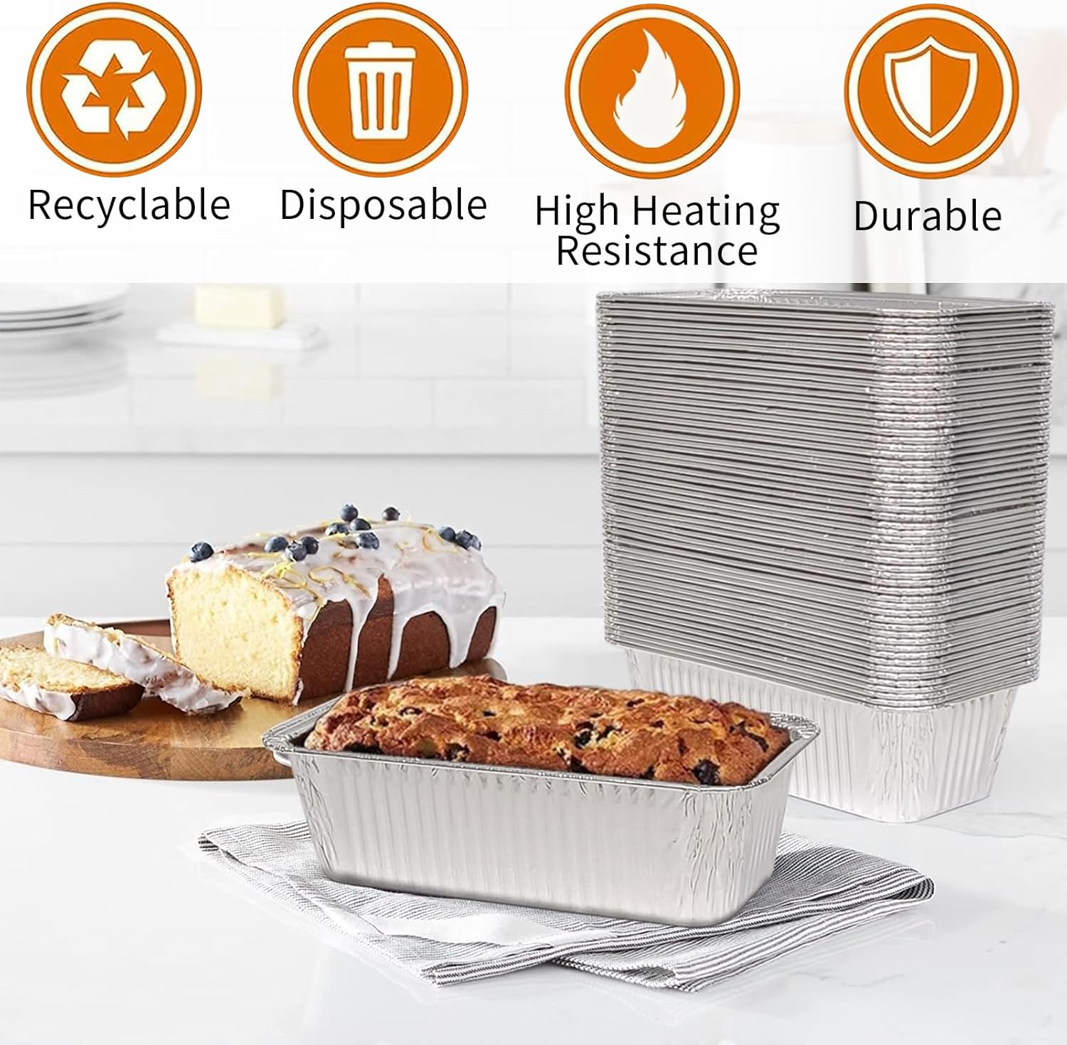 Aluminum Pans Drip Pans (50 Pack, 8"×3.7"), Disposable Tin Foil Pans Foil Food Containers, Grease Drip Pan Liners Grill Grease Tray for Baking, Cooking, Heating, Food Prepping, Freezer, Takeout