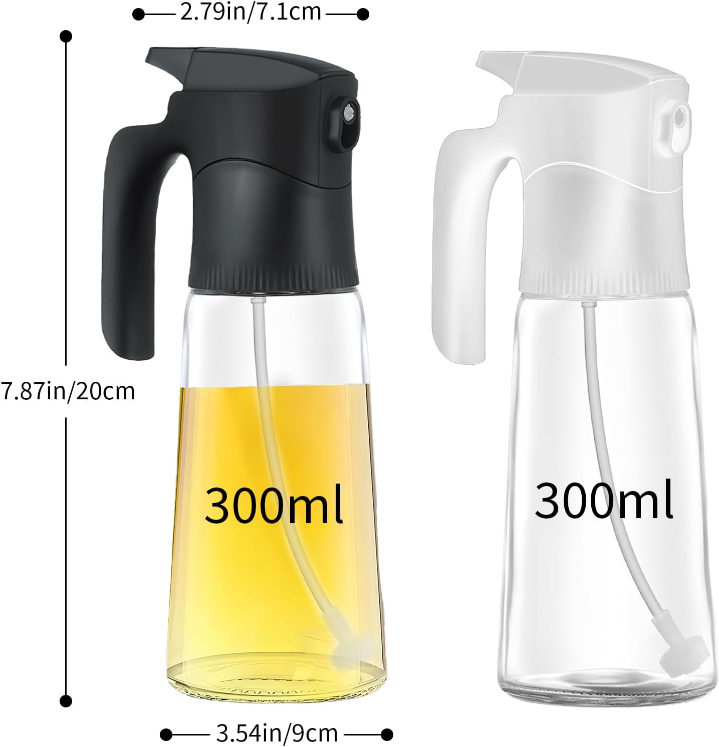 2 Pcs Oil Sprayer for Cooking, 300 ml Olive Oil Dispenser, Glass Oil Spray Bottle with Scale for Kitchen, Salad, Barbecue, Baking (Black & White)