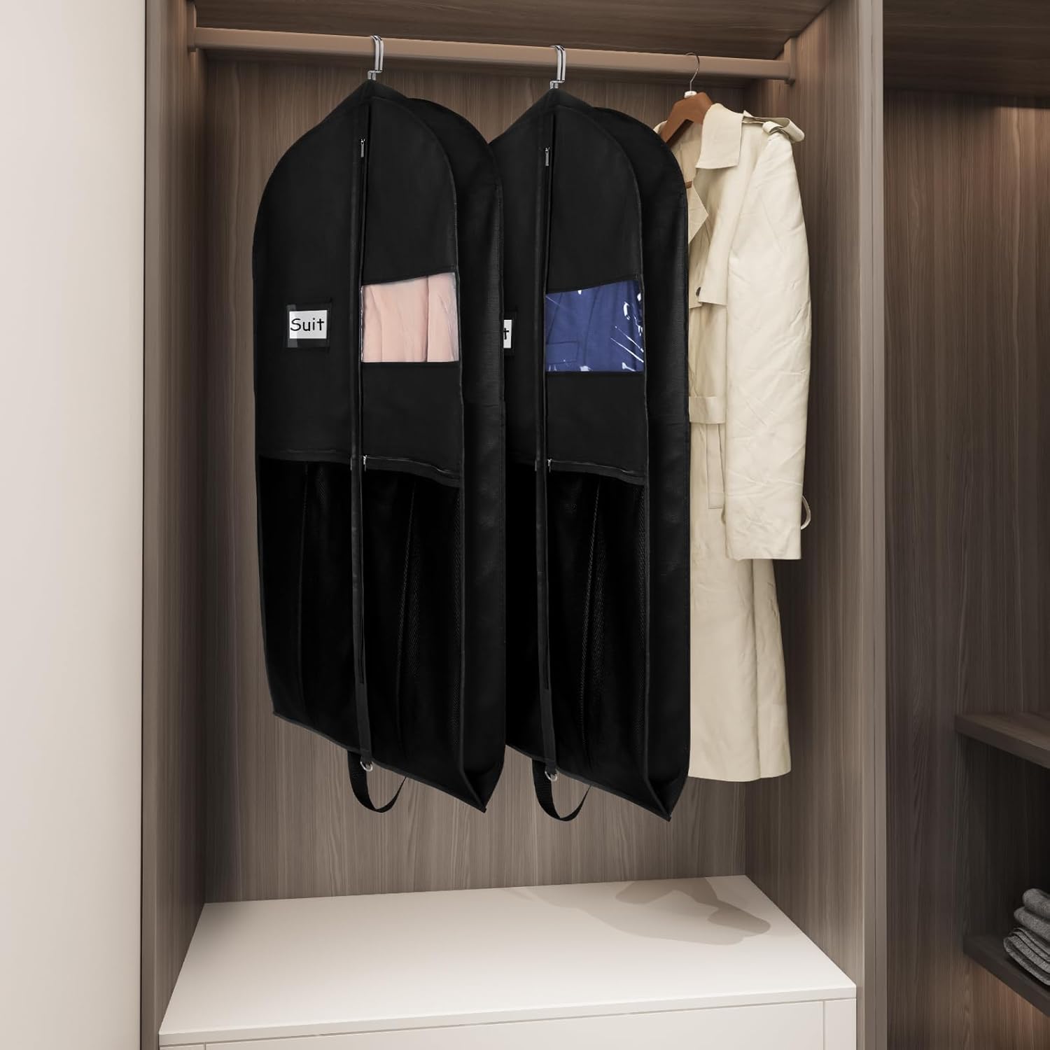 Garment Bags for Hanging Clothes Travel 43" Suit Bags for Closet Storage with Pockets Breathable Clothes Bags for Travel, Clothes,Suits,T-Shirts and Jackets with PVC Card Holder（2 Pack）
