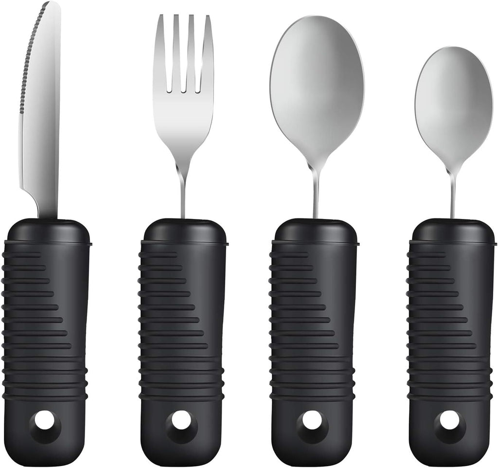 YPC Adaptive Utensils,Easy Grip Silverware,Built Up Bendable Fork,Teaspoon,Tablespoon and Knife for Tremors,Adults,Elderly,Arthritis and Parkinsons,4 Piece Set