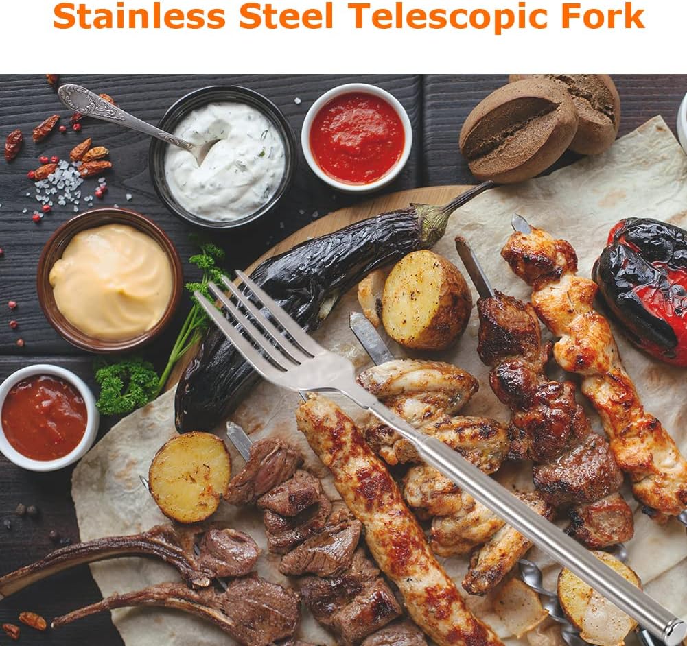 Adjustable Telescopic Fork Extendable Fork Long Fork Toasting Fork Extending Fork Extra Long Fork Extended Fork Stainless Steel, for Eating, Barbecue, Dinner, Dessert, Sausage, Vegetable(8.7~25.4In)…