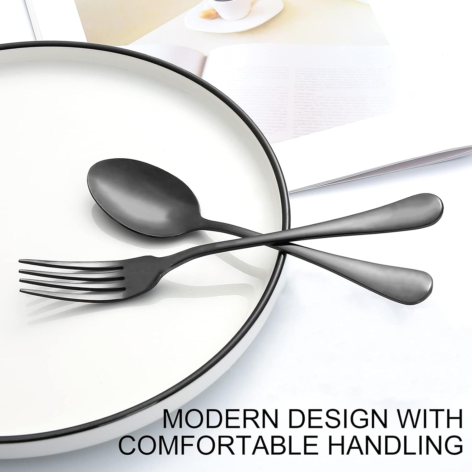 Set of 12, Stainless Steel Dinner Forks and Spoons Silverware Set, Heavy-Duty Forks (8 Inch) and Spoons (6.7 Inch) Cutlery Set, Dishwasher Safe (Black)