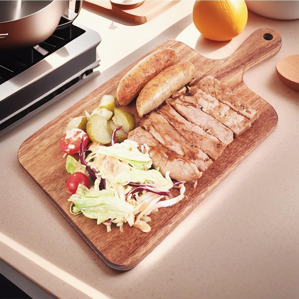 Acacia Wood Cutting Board with Handle, Wooden Cutting Boards, Chopping Board, Charcuterie Board, Serving Board for Cheese, Bread, Pizza, Vegetables & Fruits (1, 13.8''L x 7''W)