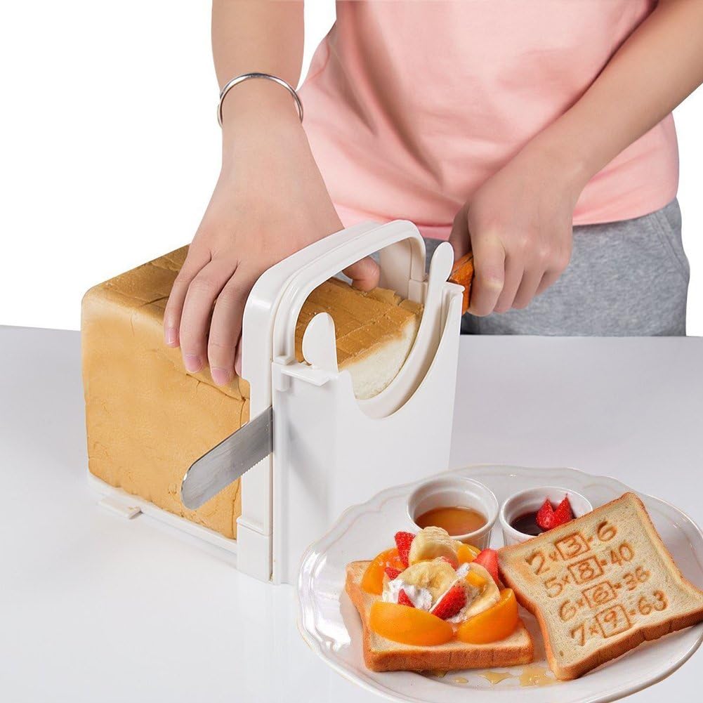Foldable & Adjustable Bread Slicer Guide for Homemade Toast Cutter Sandwich Maker Loaf Cutter Machine With Cutting Guide (White)