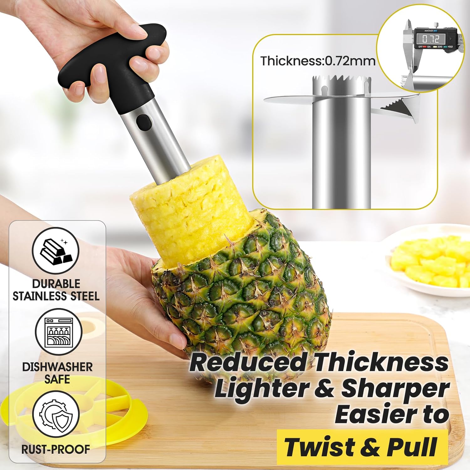 Premium Pineapple Corer and Slicer Tool - Pineapple Cutter with Sharp Serrated Tips - Easy to Use & Clean - Stainless Steel Core Remover for Pineapple - Slice and Core Fruits with Ease(Black)