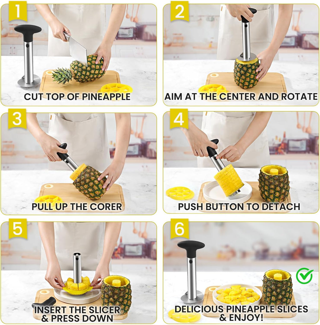 Premium Pineapple Corer and Slicer Tool - Pineapple Cutter with Sharp Serrated Tips - Easy to Use & Clean - Stainless Steel Core Remover for Pineapple - Slice and Core Fruits with Ease(Black)