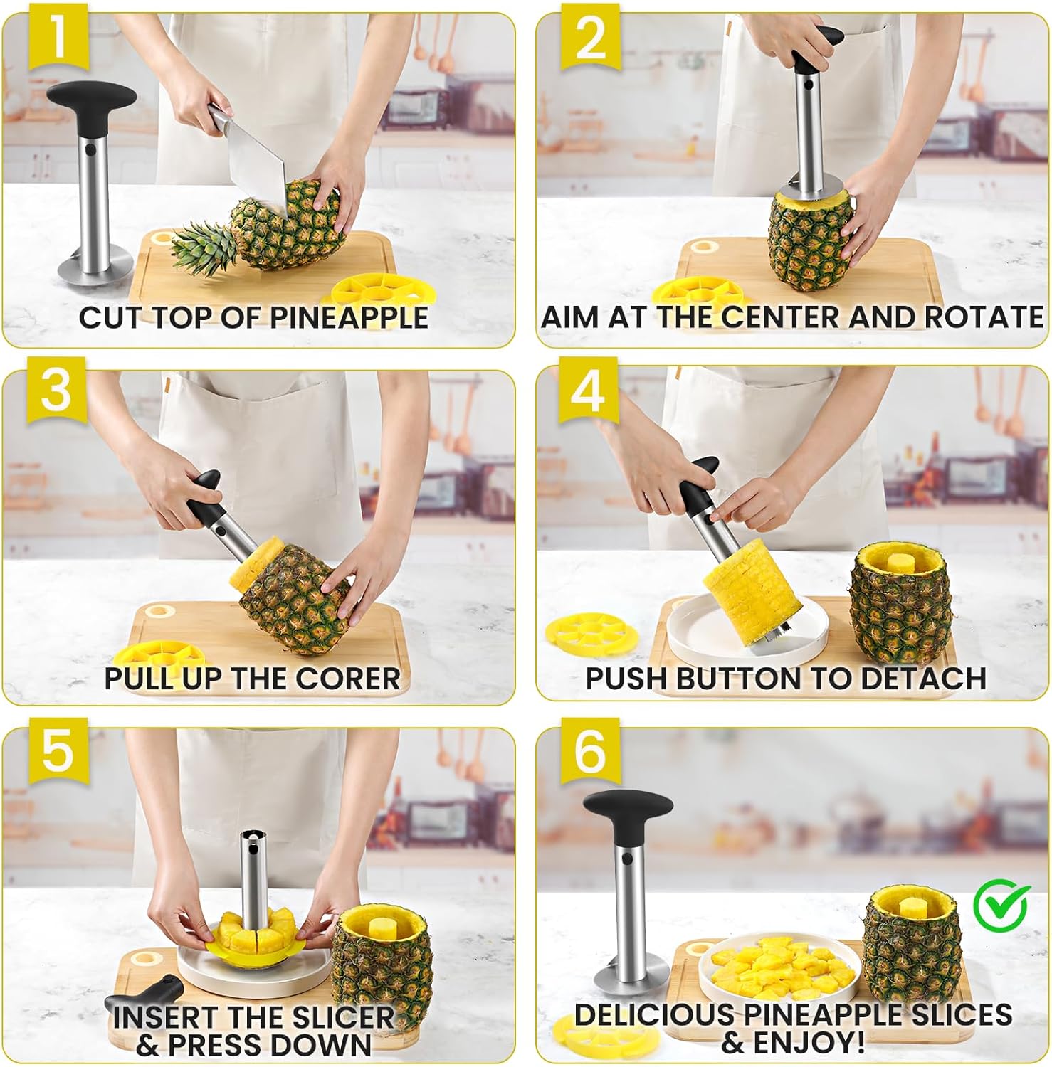 Premium Pineapple Corer and Slicer Tool - Pineapple Cutter with Sharp Serrated Tips - Easy to Use & Clean - Stainless Steel Core Remover for Pineapple - Slice and Core Fruits with Ease(Black)