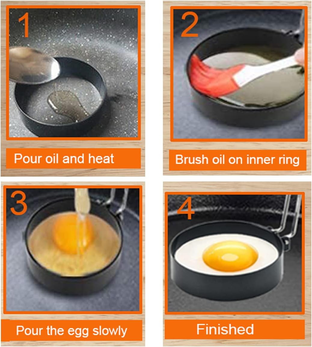 Egg Ring, 4 Packs Upgrade Large 4" Stainless Steel Non-stick Rings for Griddle Frying, Round Cooker for Pancakes, Muffins With Oil Brush and Separator