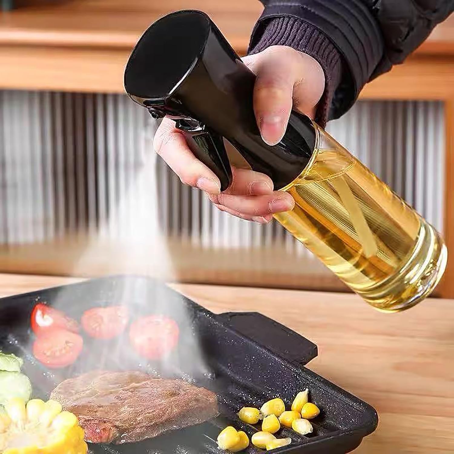 Oil Sprayer for Cooking- 200ml Glass Olive Mister, Spray Bottle, Kitchen Gadgets Accessories Air Fryer, Canola Spritzer, Widely Used Salad Making, Baking, Frying,BBQ Black -