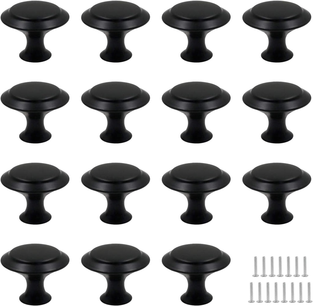 Biaungdo 15 Pack 1Inch Flat Black Kitchen Cabinet Knobs Drawer Dresser Handles Knobs, Round Drawer Handles