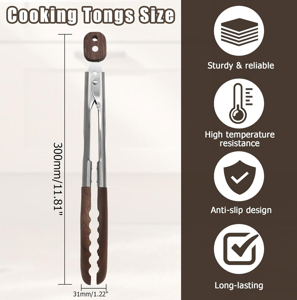 Biaungdo Wooden Tongs for Cooking, 9 Inch Walnut Wooden kitchen Tongs, Stainless Steel Salad Tong with Wood Tip for Serving Food, Grilling, Cooking Utensils Set (Pull Lock)