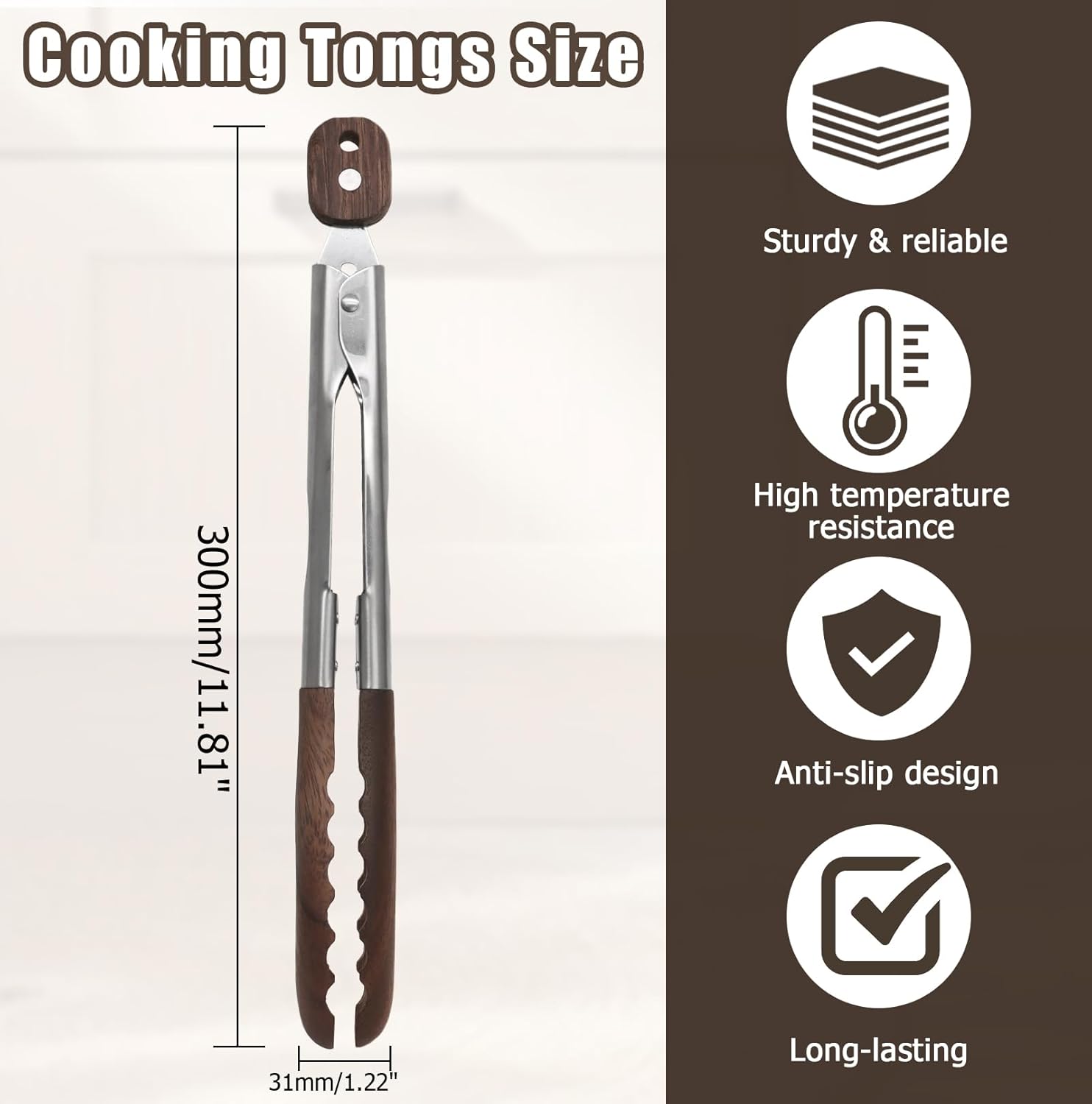 Biaungdo Wooden Tongs for Cooking, 9 Inch Walnut Wooden kitchen Tongs, Stainless Steel Salad Tong with Wood Tip for Serving Food, Grilling, Cooking Utensils Set (Pull Lock)