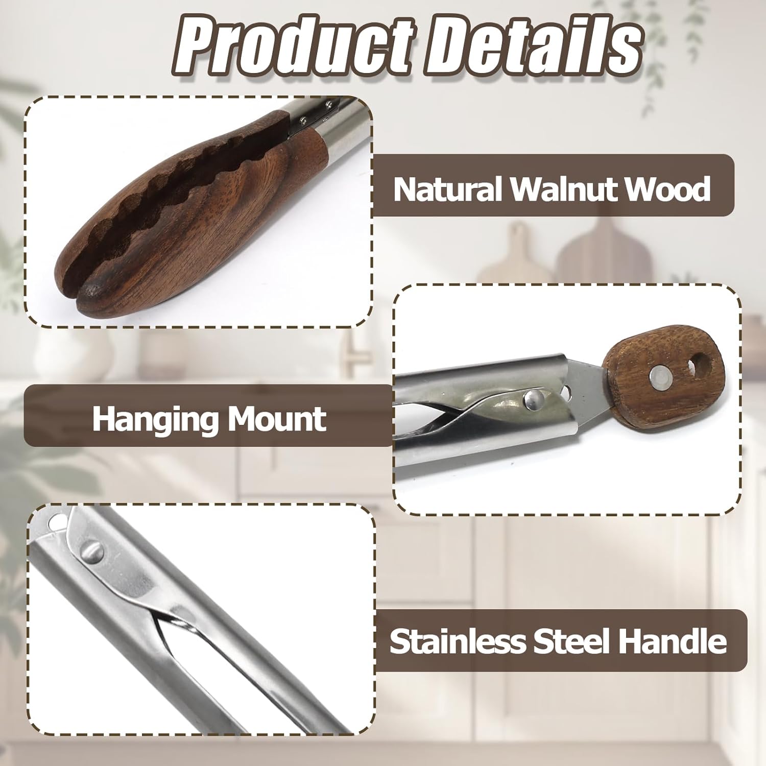 Biaungdo Wooden Tongs for Cooking, 9 Inch Walnut Wooden kitchen Tongs, Stainless Steel Salad Tong with Wood Tip for Serving Food, Grilling, Cooking Utensils Set (Pull Lock)