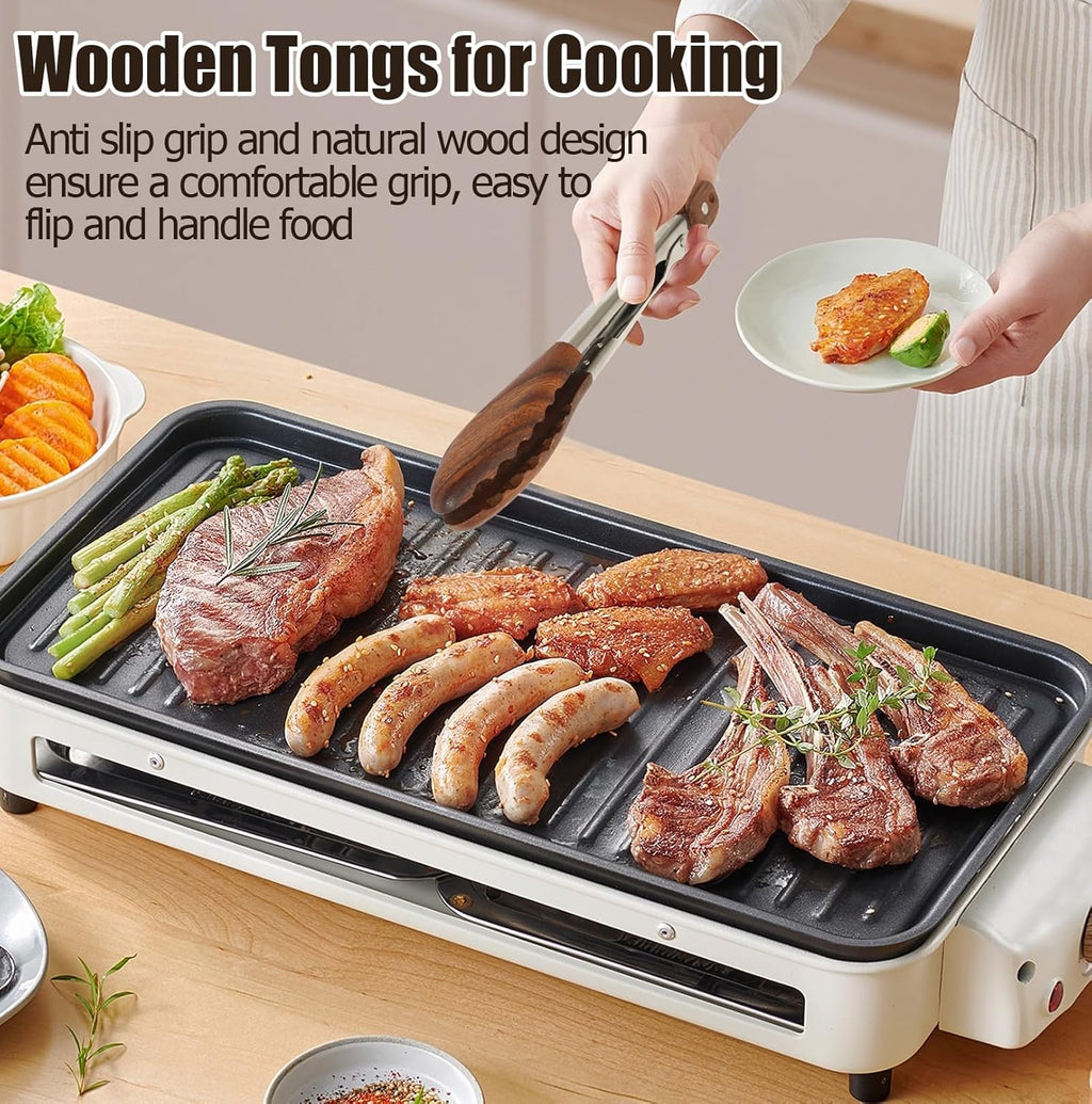 Biaungdo Wooden Tongs for Cooking, 9 Inch Walnut Wooden kitchen Tongs, Stainless Steel Salad Tong with Wood Tip for Serving Food, Grilling, Cooking Utensils Set (Pull Lock)