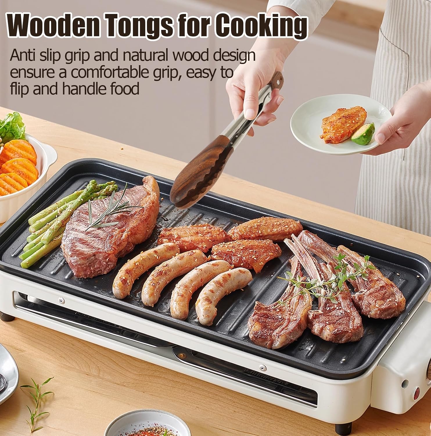 Biaungdo Wooden Tongs for Cooking, 9 Inch Walnut Wooden kitchen Tongs, Stainless Steel Salad Tong with Wood Tip for Serving Food, Grilling, Cooking Utensils Set (Pull Lock)