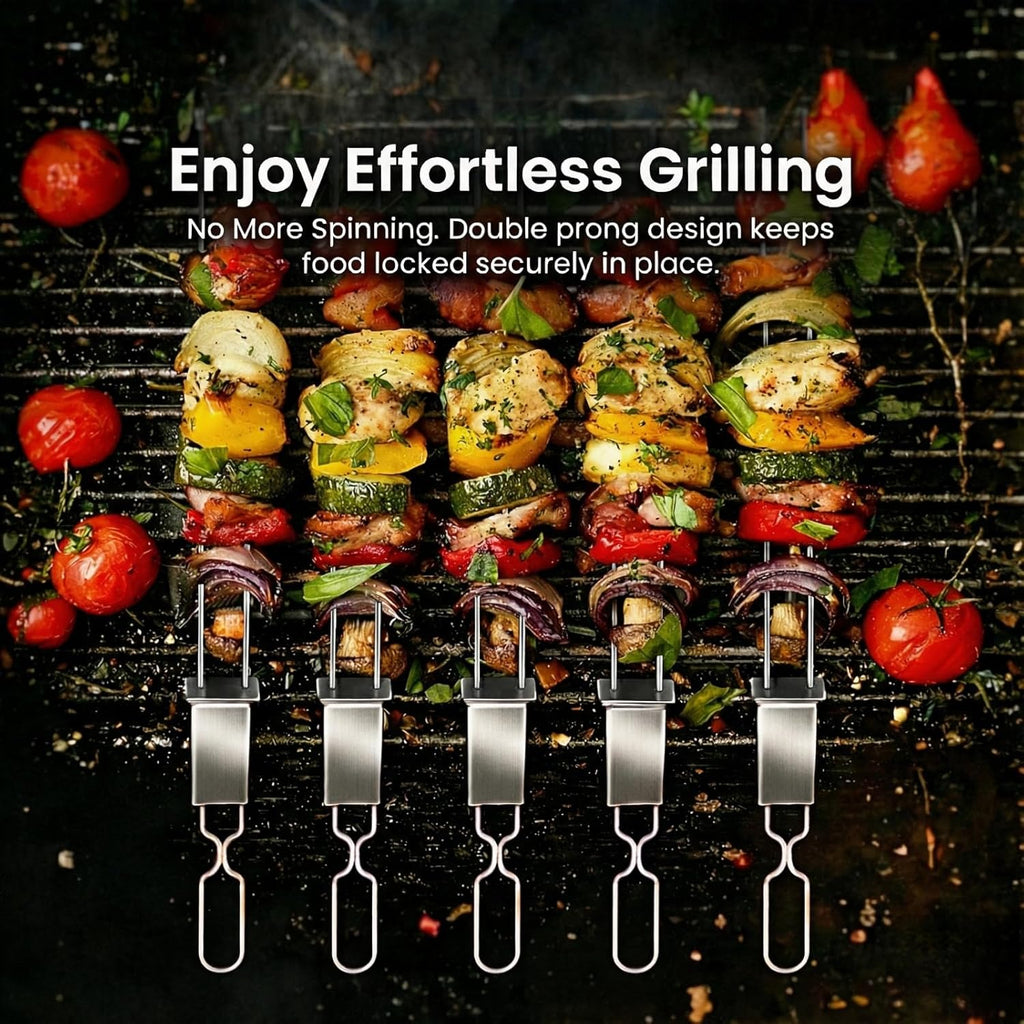 Kabob Skewers for Grilling, 10 Pack 13" Double Pronged with Push Bar, Stainless Steel BBQ Skewers with 2 Brushes, Reusable for Meat, Shrimp, Chicken, Veggie, Perfect for Camping & Family Use.