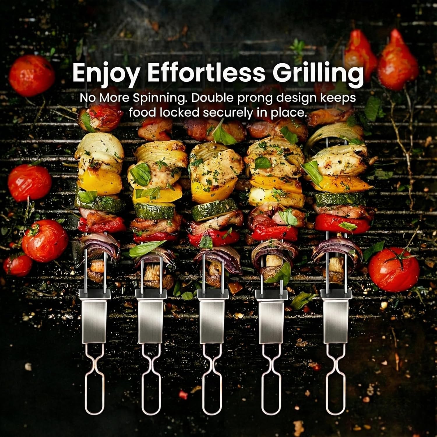 Kabob Skewers for Grilling, 10 Pack 13" Double Pronged with Push Bar, Stainless Steel BBQ Skewers with 2 Brushes, Reusable for Meat, Shrimp, Chicken, Veggie, Perfect for Camping & Family Use.