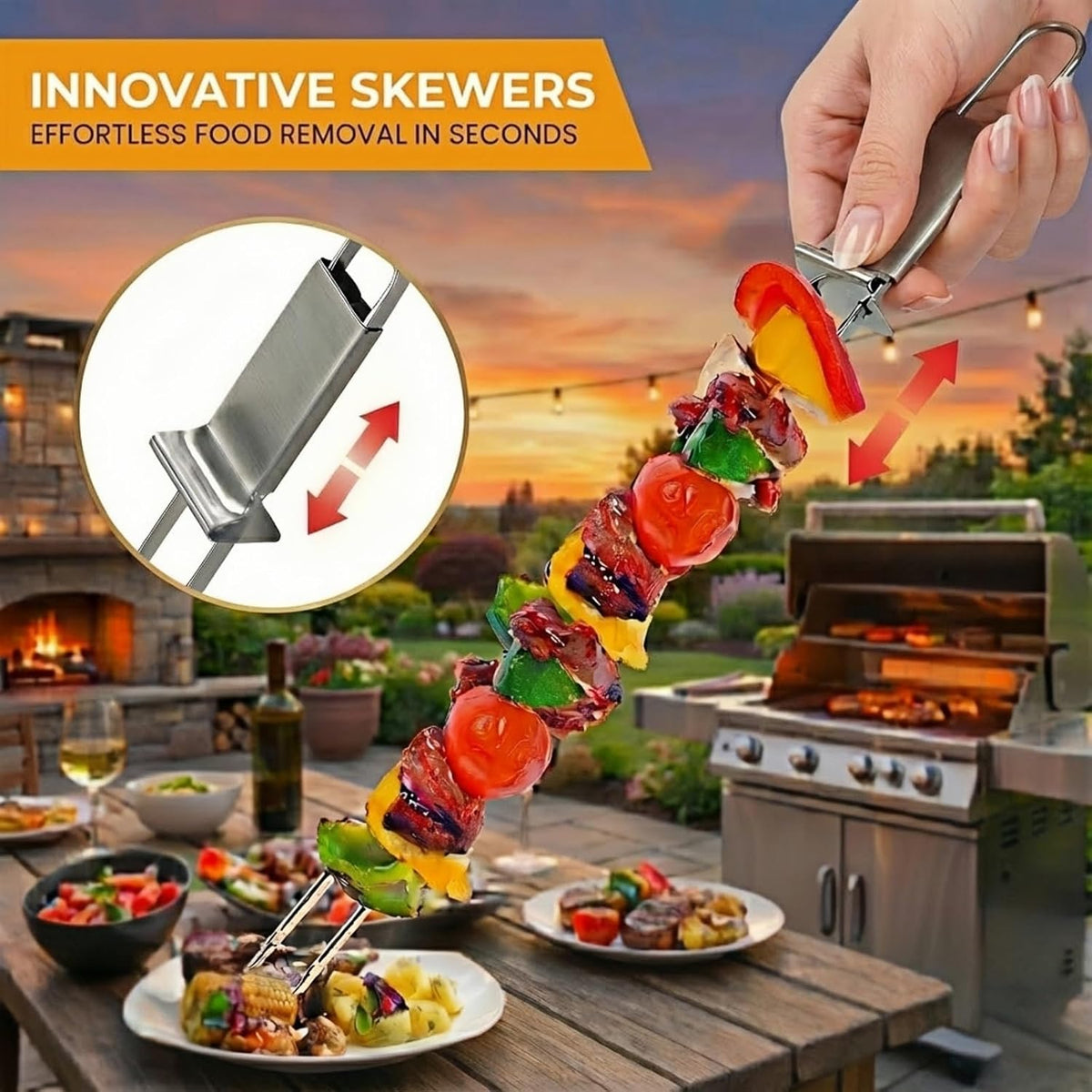 Kabob Skewers for Grilling, 10 Pack 13" Double Pronged with Push Bar, Stainless Steel - Flavour Fushion Cooking Shop