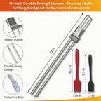 Kabob Skewers for Grilling, 10 Pack 13" Double Pronged with Push Bar, Stainless Steel