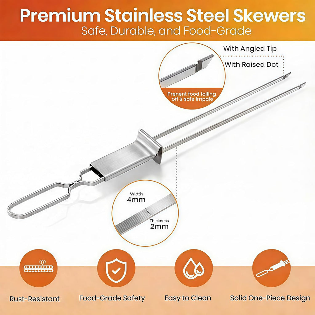 Kabob Skewers for Grilling, 10 Pack 13" Double Pronged with Push Bar, Stainless Steel BBQ Skewers with 2 Brushes, Reusable for Meat, Shrimp, Chicken, Veggie, Perfect for Camping & Family Use.