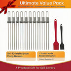 Kabob Skewers for Grilling, 10 Pack 13" Double Pronged with Push Bar, Stainless Steel