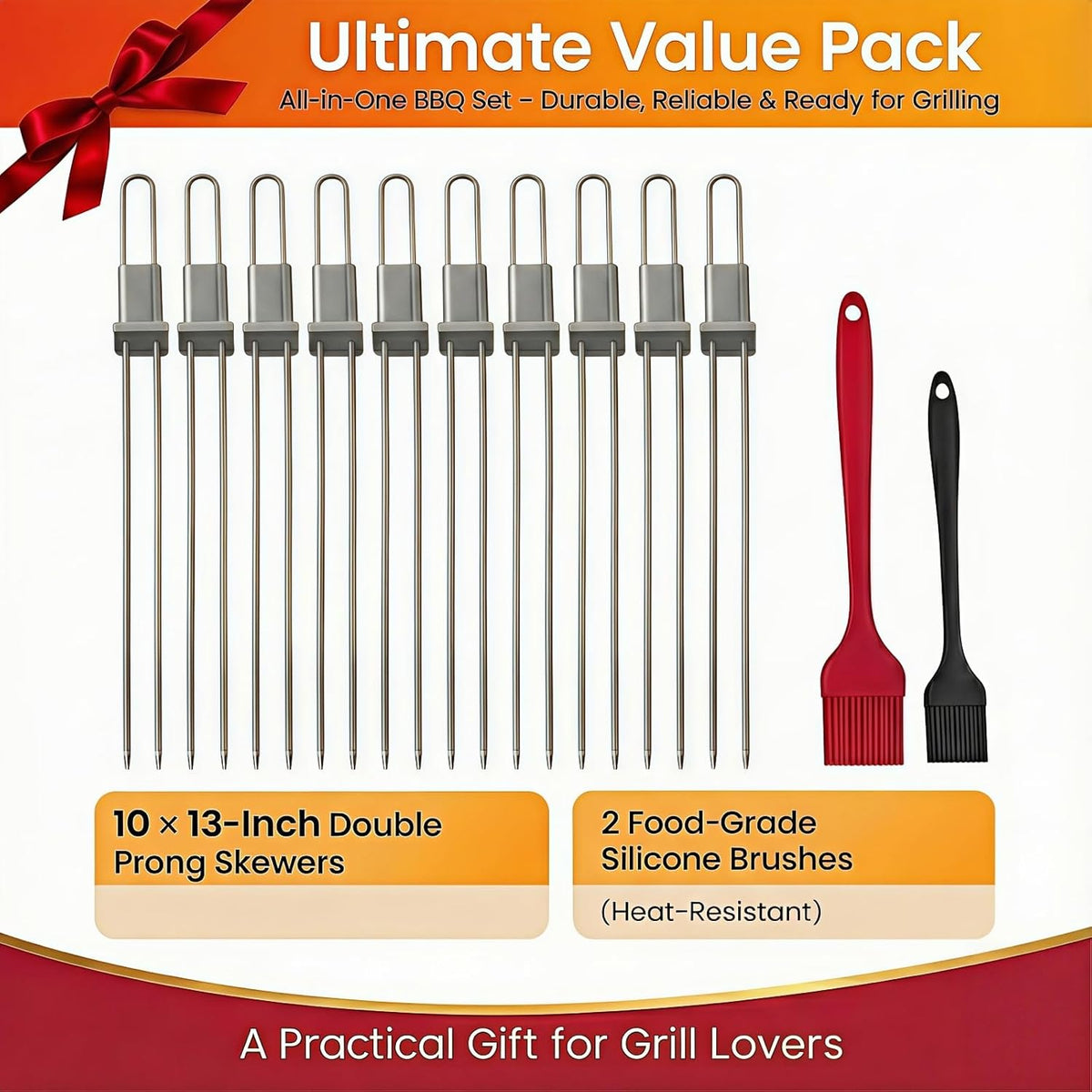 Kabob Skewers for Grilling, 10 Pack 13" Double Pronged with Push Bar, Stainless Steel - Flavour Fushion Cooking Shop