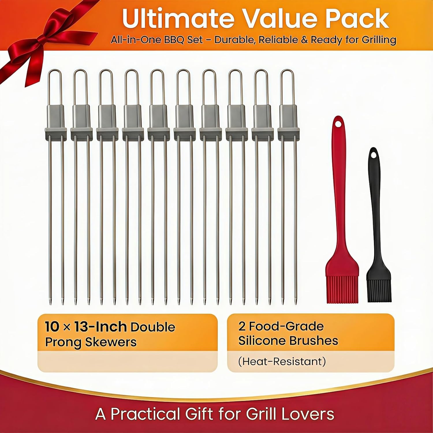 Kabob Skewers for Grilling, 10 Pack 13" Double Pronged with Push Bar, Stainless Steel BBQ Skewers with 2 Brushes, Reusable for Meat, Shrimp, Chicken, Veggie, Perfect for Camping & Family Use.