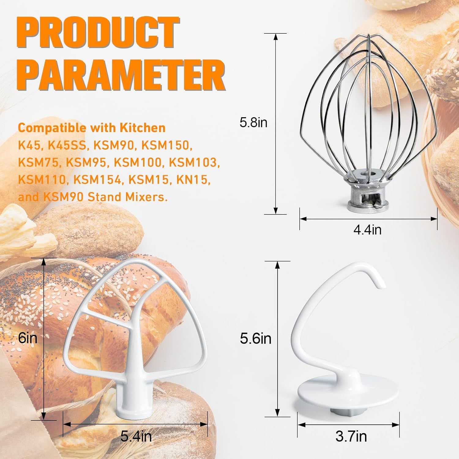 Mixers Accessories K45WW Wire Whip K45DH Dough Hook K45B Coated lat Blade Paddle with Scraper Replacement or Kitchen Tilt-Head Aid Stand Mixer Attachments- Stainless Steel