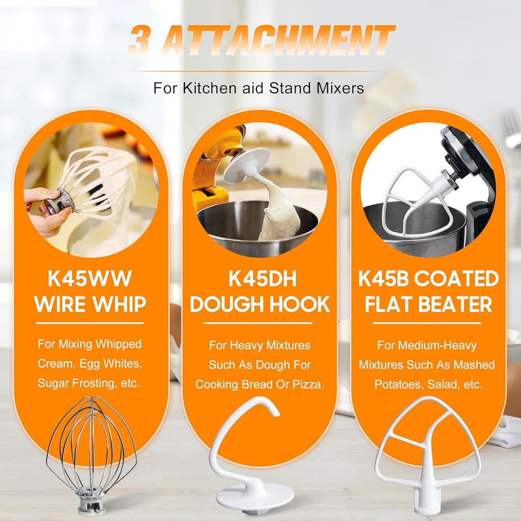 Mixers Accessories K45WW Wire Whip K45DH Dough Hook K45B Coated lat Blade Paddle with Scraper Replacement or Kitchen Tilt-Head Aid Stand Mixer Attachments- Stainless Steel