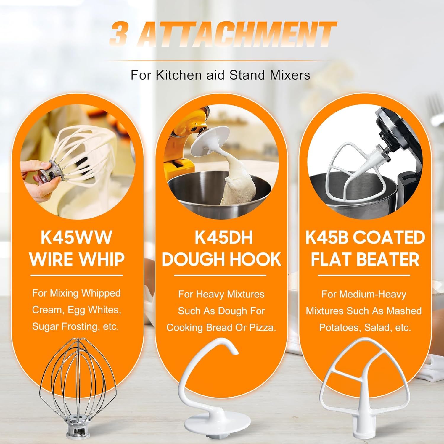 Mixers Accessories K45WW Wire Whip K45DH Dough Hook K45B Coated lat Blade Paddle with Scraper Replacement or Kitchen Tilt-Head Aid Stand Mixer Attachments- Stainless Steel