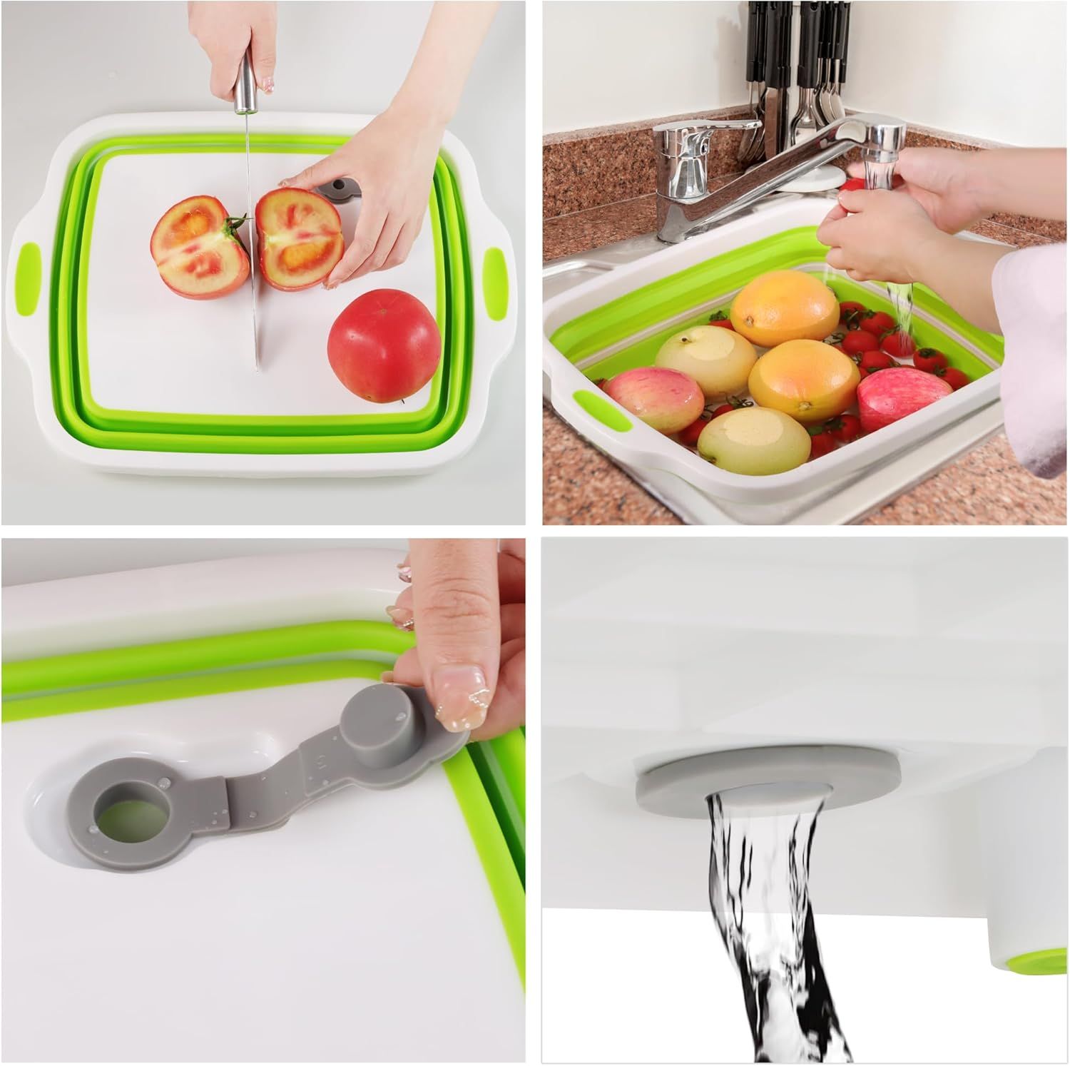 2 Pack Collapsible Cutting Board, oldable Dish Tub with Draining Hole, Portable Chopping Board with Colander, 3 in 1 Multiunction Camping Sink or Washing Dish, Bowl, Vegetables and ruit