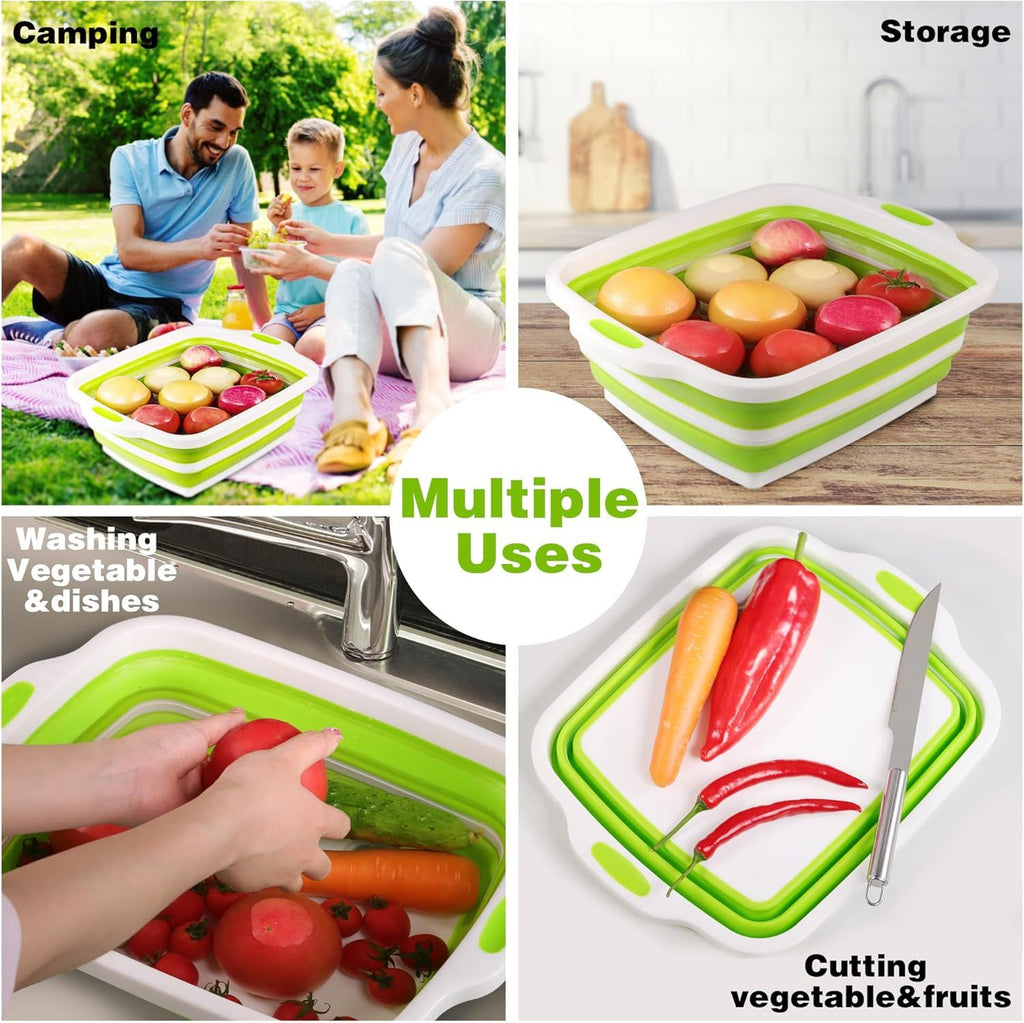 2 Pack Collapsible Cutting Board, oldable Dish Tub with Draining Hole, Portable Chopping Board with Colander, 3 in 1 Multiunction Camping Sink or Washing Dish, Bowl, Vegetables and ruit