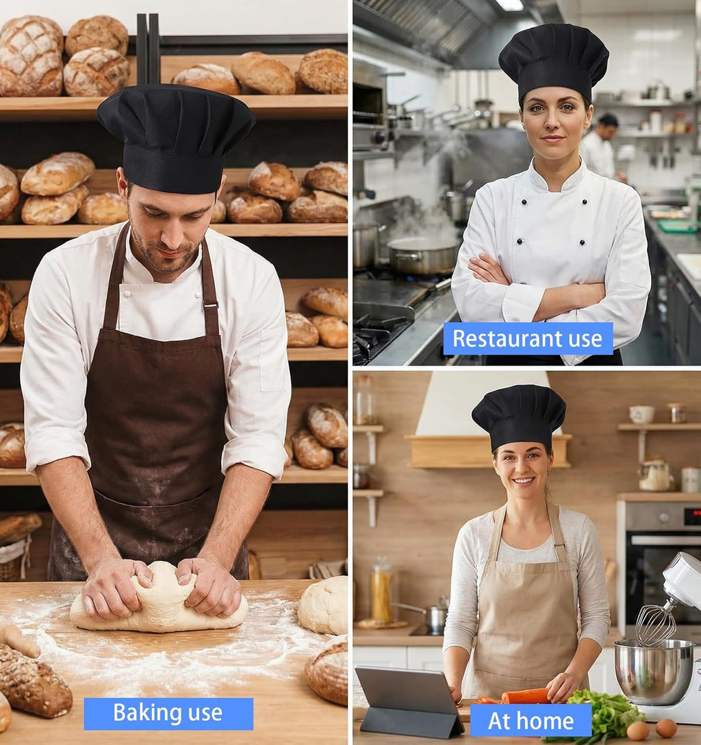 2PCS Black Chef Hat, Chef Cap for Men & Women, Breathable Baker's Hat for Cooking, Kitchen, Reusable & Washable