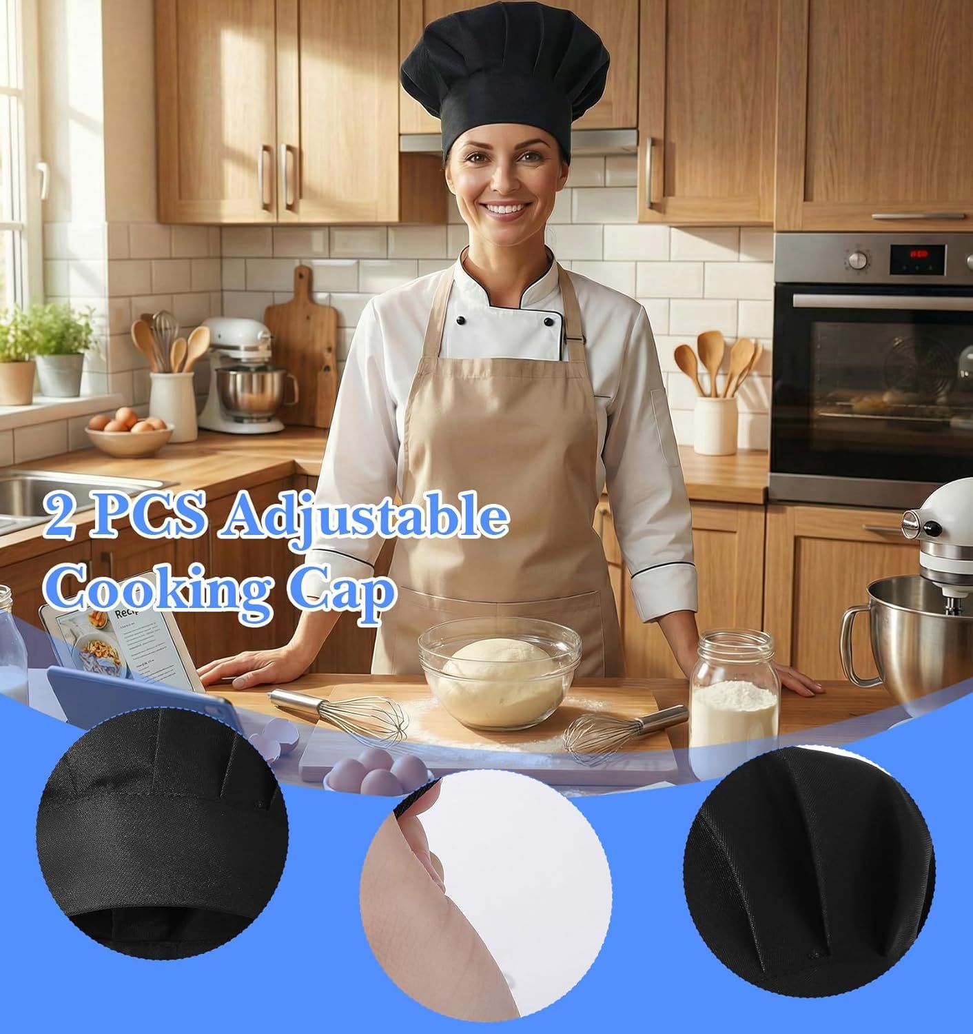 2PCS Black Chef Hat, Chef Cap for Men & Women, Breathable Baker's Hat for Cooking, Kitchen, Reusable & Washable