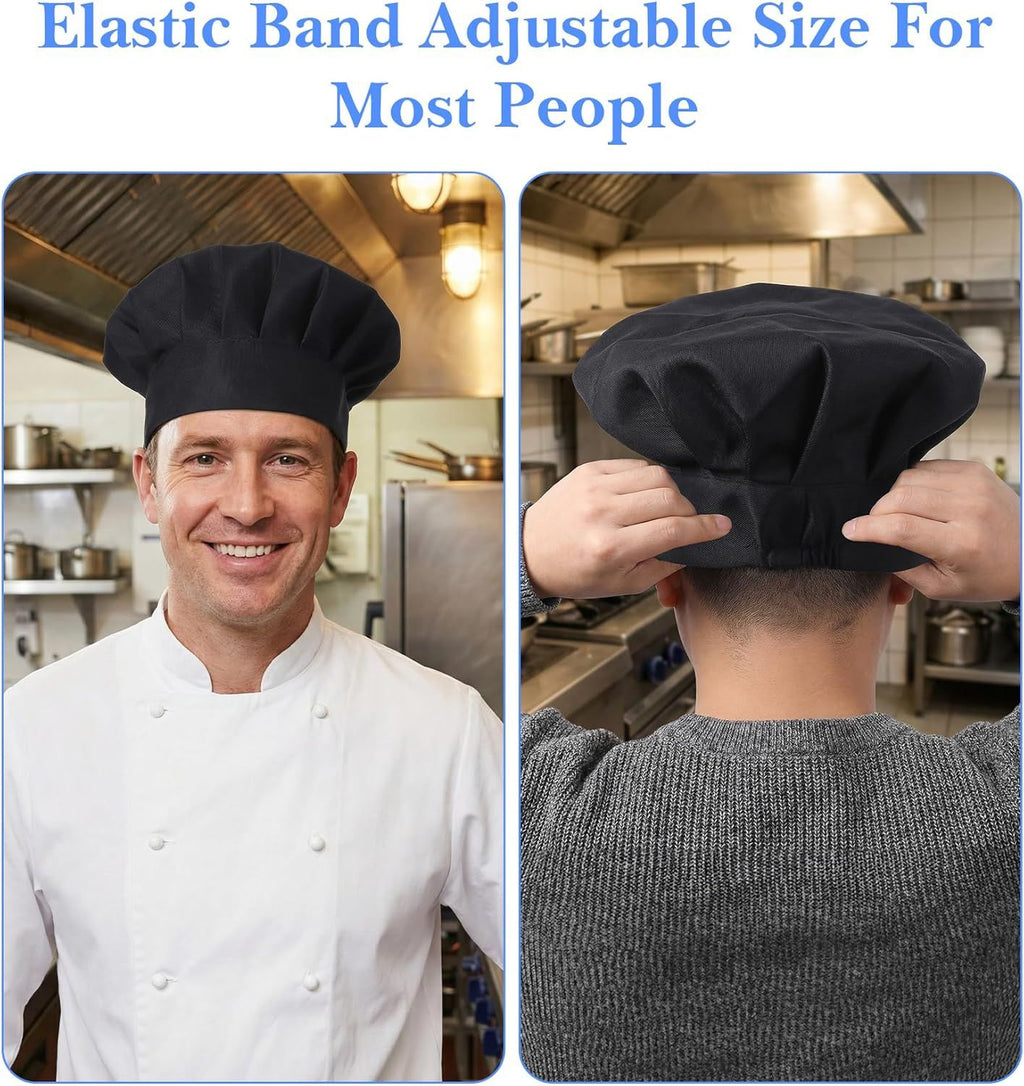 2PCS Black Chef Hat, Chef Cap for Men & Women, Breathable Baker's Hat for Cooking, Kitchen, Reusable & Washable