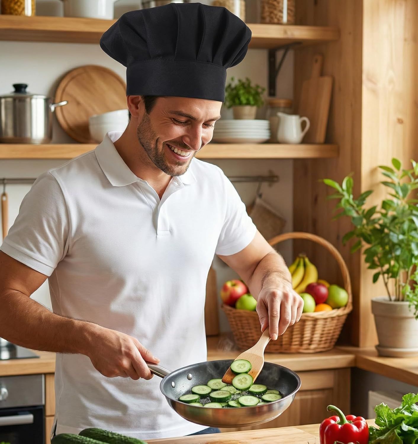 2PCS Black Chef Hat, Chef Cap for Men & Women, Breathable Baker's Hat for Cooking, Kitchen, Reusable & Washable
