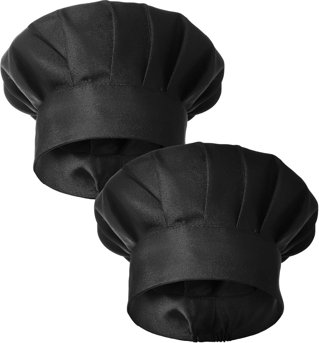 2PCS Black Chef Hat, Chef Cap for Men & Women, Breathable Baker's Hat for Cooking, Kitchen, Reusable & Washable