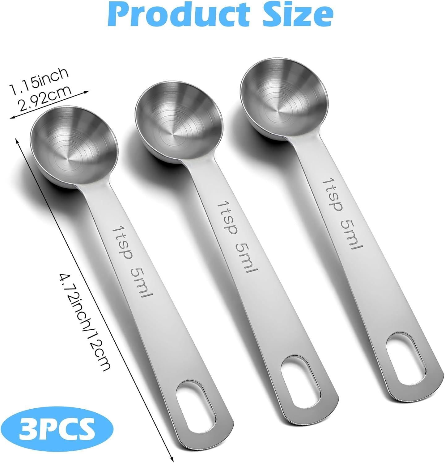 1 Teaspoon Measuring Spoons, 3Pcs Stainless Steel Short Design Kitchen Tools for Precise Cooking, Baking and Spices Measurement, 5ml