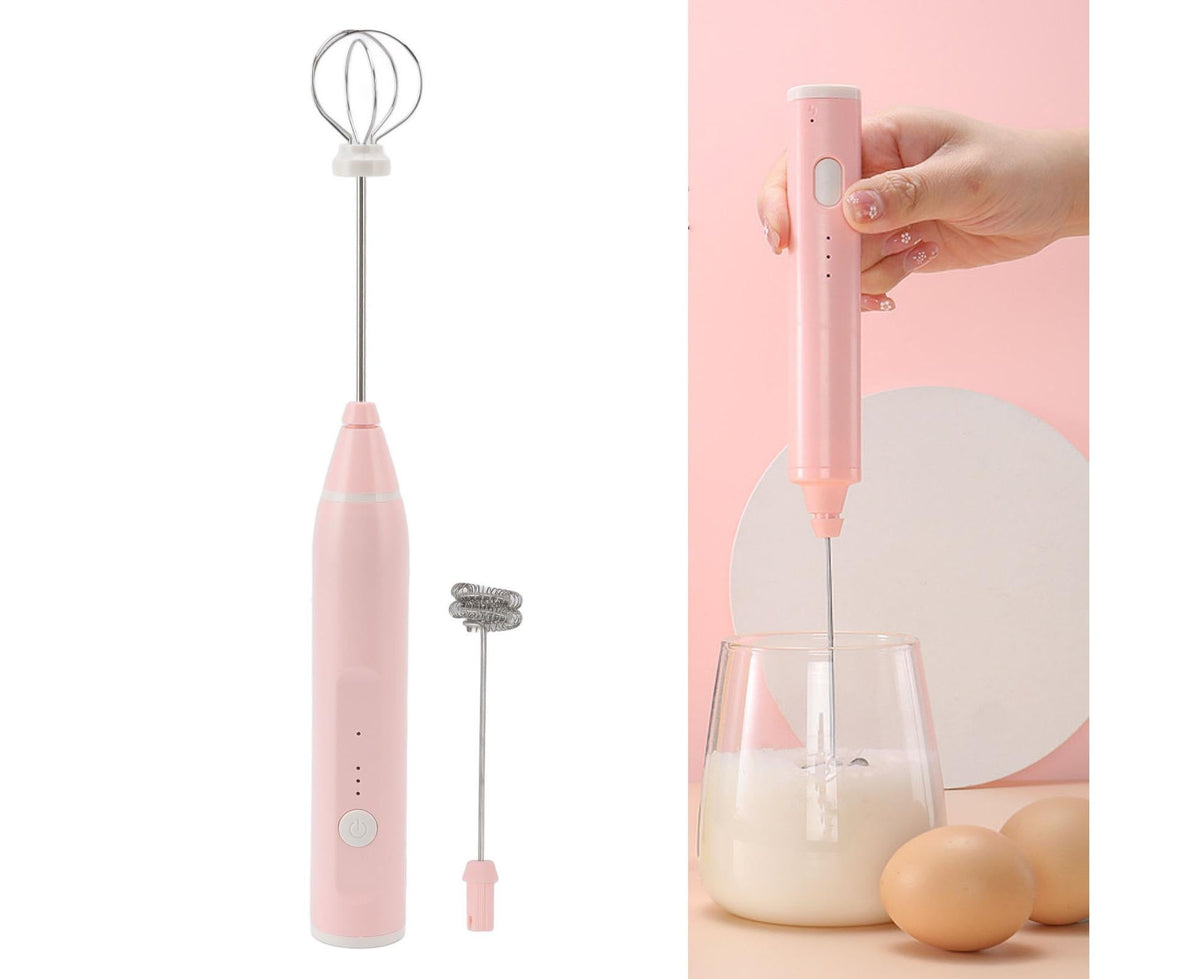 Mini Electric Stirrer, Cordless Multifunctional Eggbeater with 2 Heads for Home Coffee & Drinks, Pink - Flavour Fushion Cooking Shop