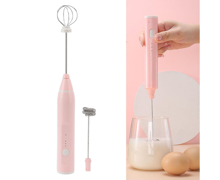 Mini Electric Stirrer, Cordless Multifunctional Eggbeater with 2 Heads for Home Coffee & Drinks, Pink - Flavour Fushion Cooking Shop