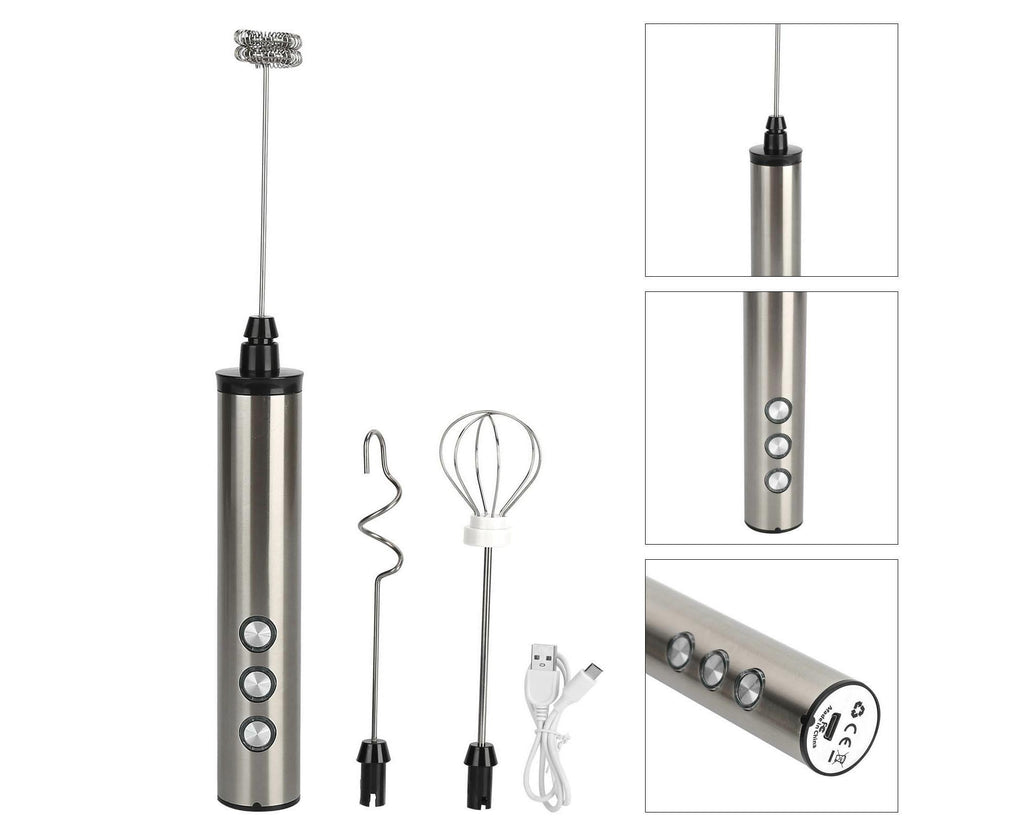 Stainless Steel Milk Frother, USB Charging, Handheld Electric Egg Beater for Home Kitchen