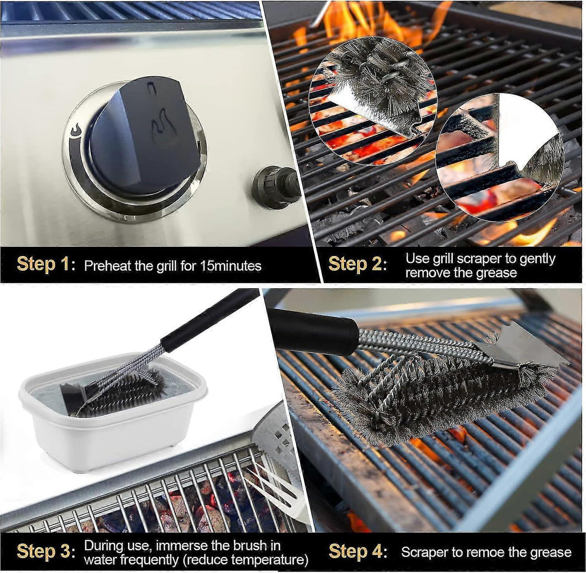 3-In-1 BBQ Grill Brush with Stainless Steel Bristles & Scraper - 45cm - Flavour Fushion Cooking Shop
