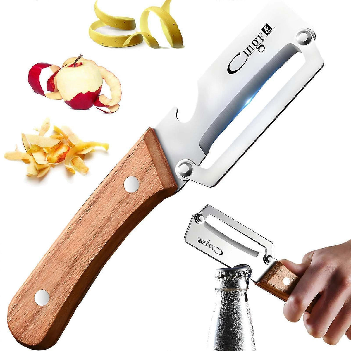 Stainless Steel Vegetable Peeler with Wooden Handle - Sharp Blade & Bottle Opener - Flavour Fushion Cooking Shop