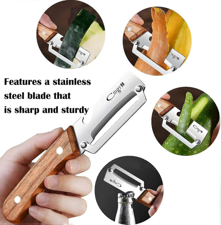 Stainless Steel Vegetable Peeler with Wooden Handle - Sharp Blade & Bottle Opener - Flavour Fushion Cooking Shop
