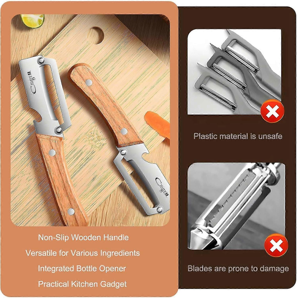 Stainless Steel Vegetable Peeler with Wooden Handle - Sharp Blade & Bottle Opener - Flavour Fushion Cooking Shop