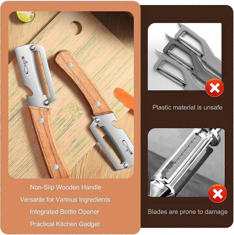 Stainless Steel Vegetable Peeler with Wooden Handle - Sharp Blade & Bottle Opener - Flavour Fushion Cooking Shop